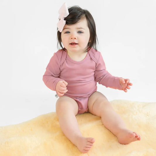 Baby Bodysuit, Long Sleeve, Merino Wool, Blush